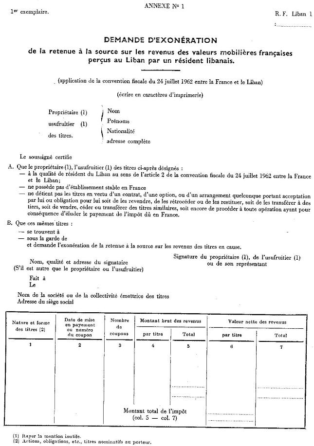 LETTRE - INT - Demande d'exonération (application de  la convention fiscale du 24/07/1962 entre la France et le Liban)