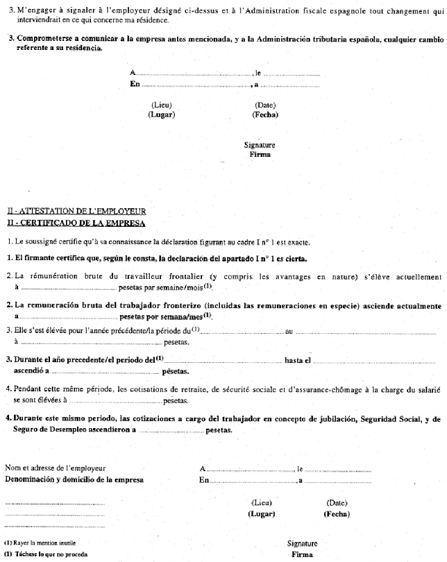 INT - Echange de lettres du 19 février 1998 (convention fiscale franco-espagnole) - Attestation pour les travailleurs frontaliers