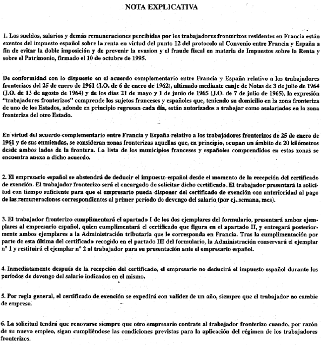 INT - Echange de lettres du 19 février 1998 (convention fiscale franco-espagnole) - Notice explicative en espagnol