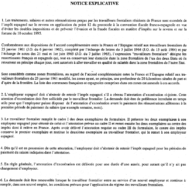 INT - Echange de lettres du 19 février 1998 (convention fiscale franco-espagnole) - Notice explicative