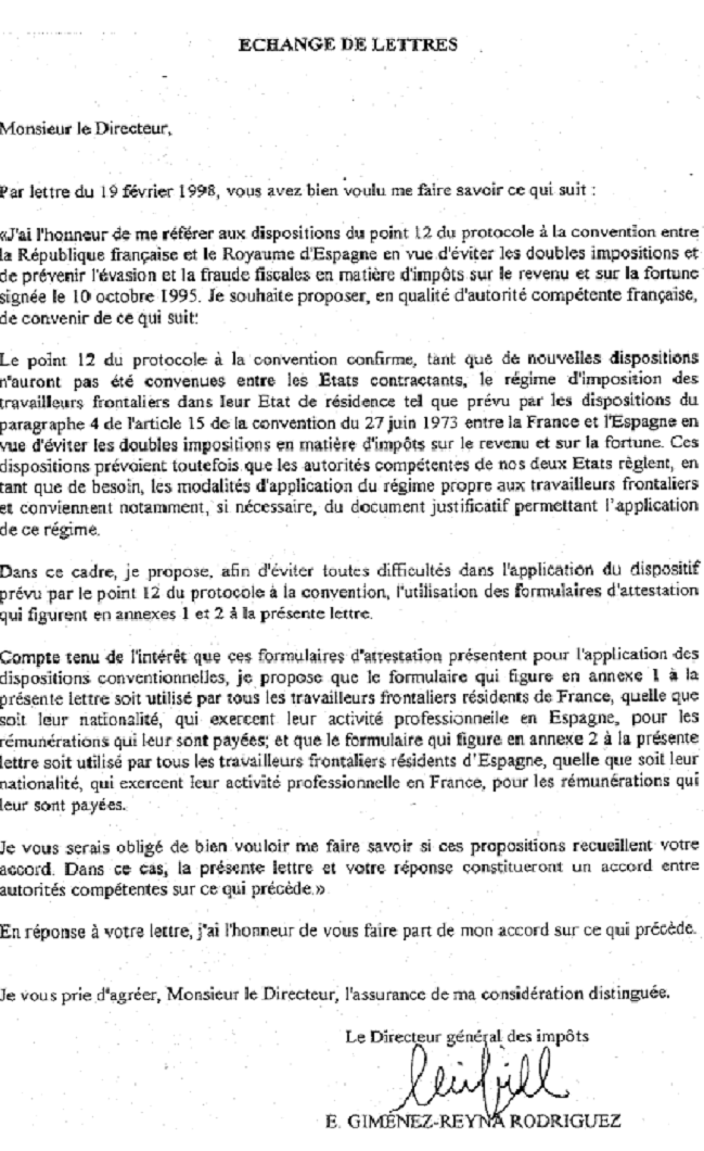 INT - Echange de lettres du 19 février 1998 (convention fiscale franco-espagnole) - lettre 2